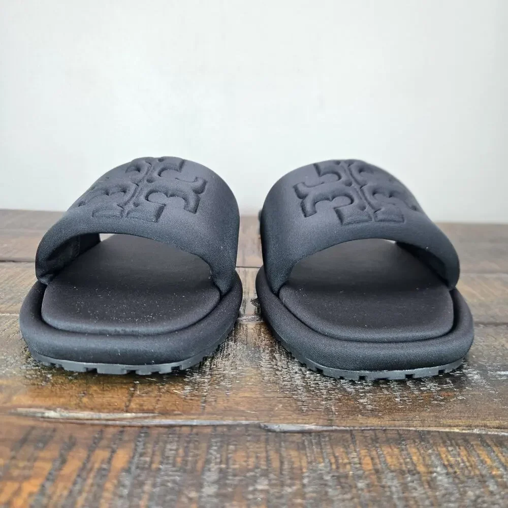 NEW Tory Burch Double T Sport Slides Womens Size 8 Logo Sandal Flip Flops Black